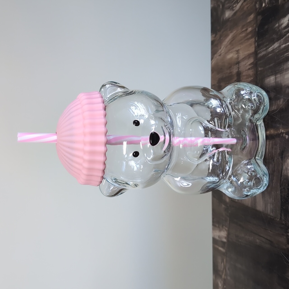 Glass Bear Cup with Beanie Hat Lid & Straw, Pink Beanie 🐻